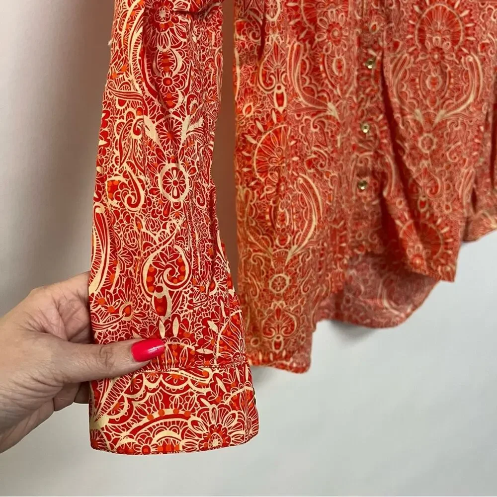 Michael Kors Paisley Print Button Down Shirt Long Sleeve 100% Cotton Orange M